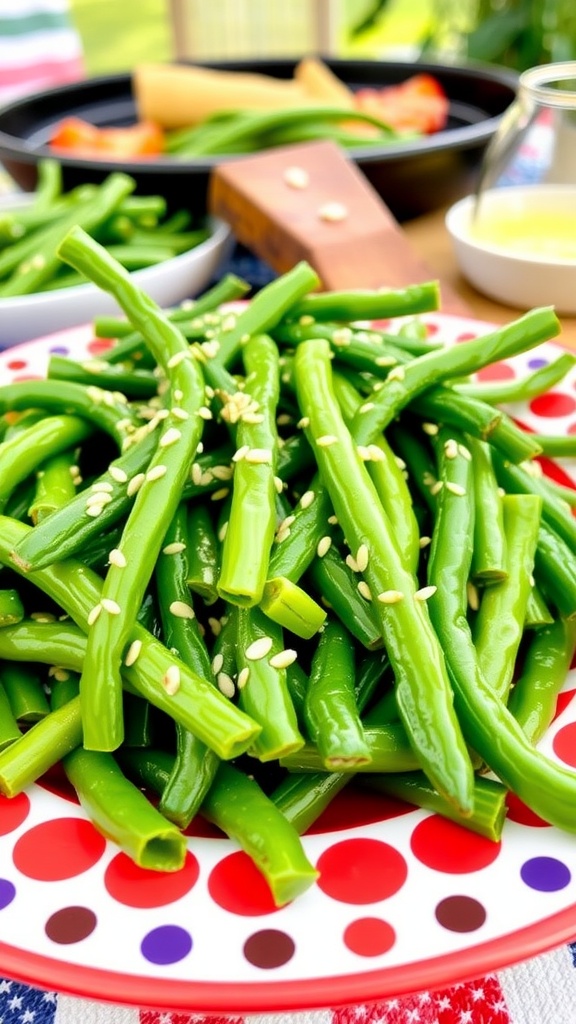 Garlic butter green beans garnished with sesame seeds on a festive plate, ideal for a 4th of July gathering.